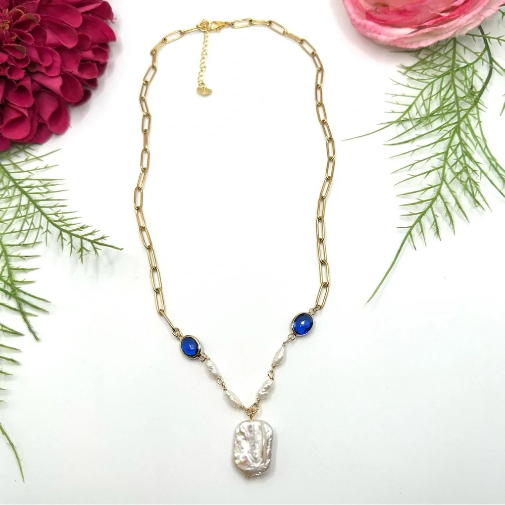 NEW⚜️Freshwater Baroque Pearl & Sapphire Crystal Necklace - Picture 1 of 7